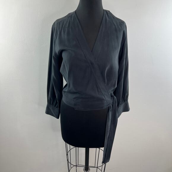 EVERLANE The Washable Black Crop Wrap Blouse Silk V-Neck Tie-Waist Size Small S - Picture 2 of 8